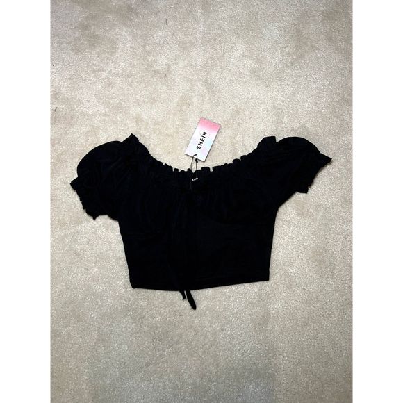 NWT Shein Black Off-Shoulder Lettuce Trim Top | Small - Picture 2 of 6
